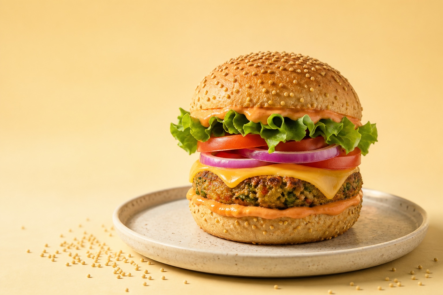A millet-bun burger stacked with vegetables, cheese and a crisp patty