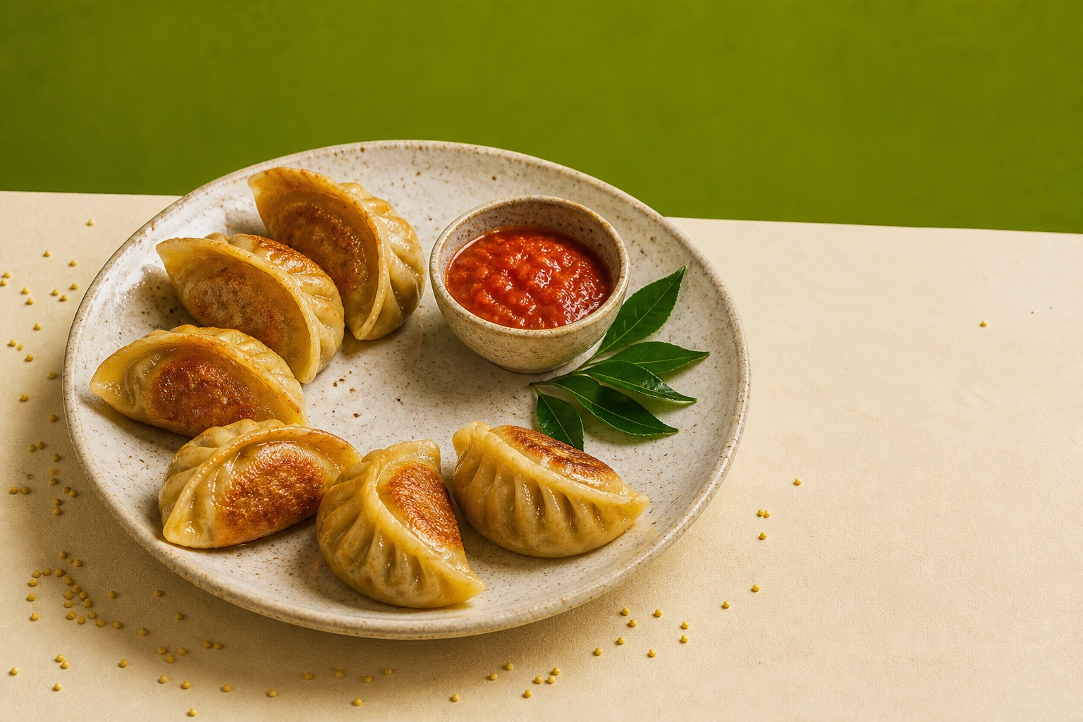 Golden pan-seared millet momos with tomato chilli chutney