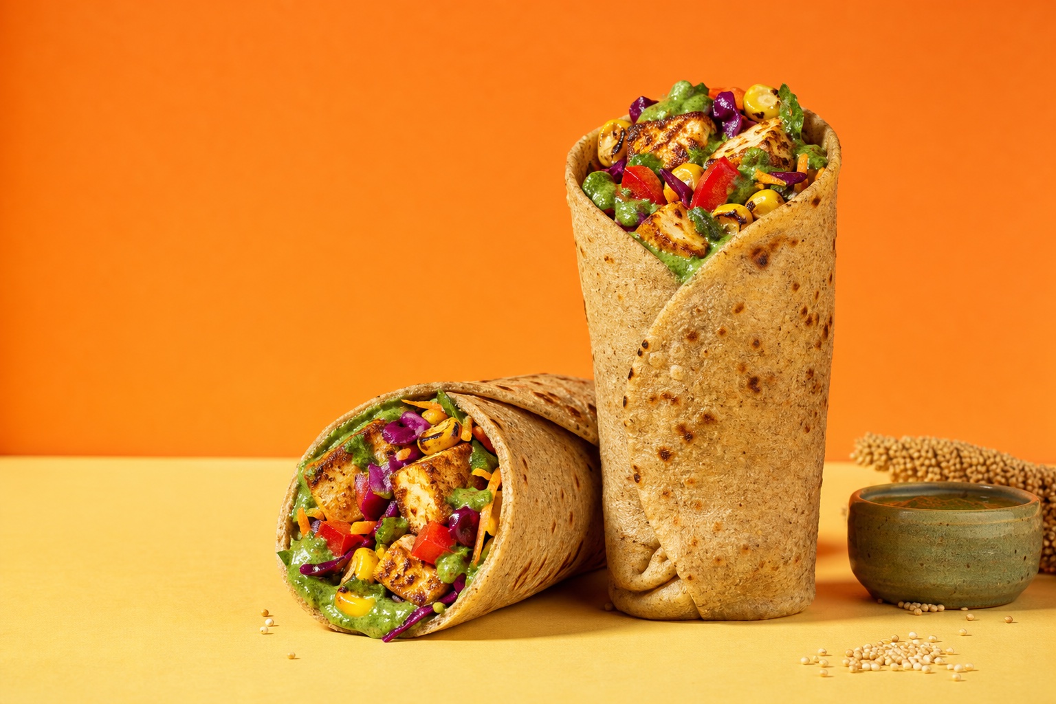 Toasted millet wraps filled with paneer and colourful vegetables