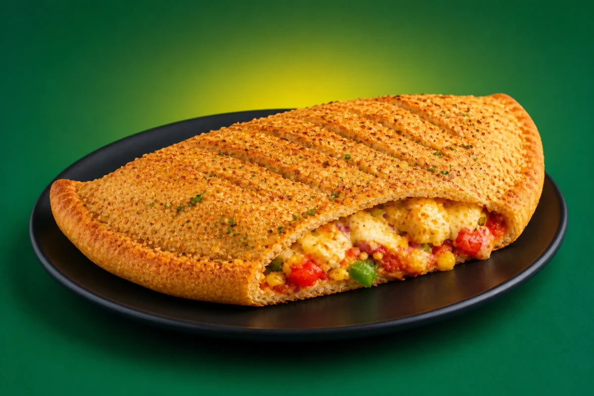 Golden millet-crust calzone filled with paneer and vegetables