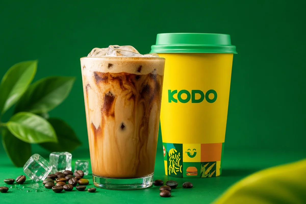 Iced cold coffee beside a branded yellow Kodo takeaway cup