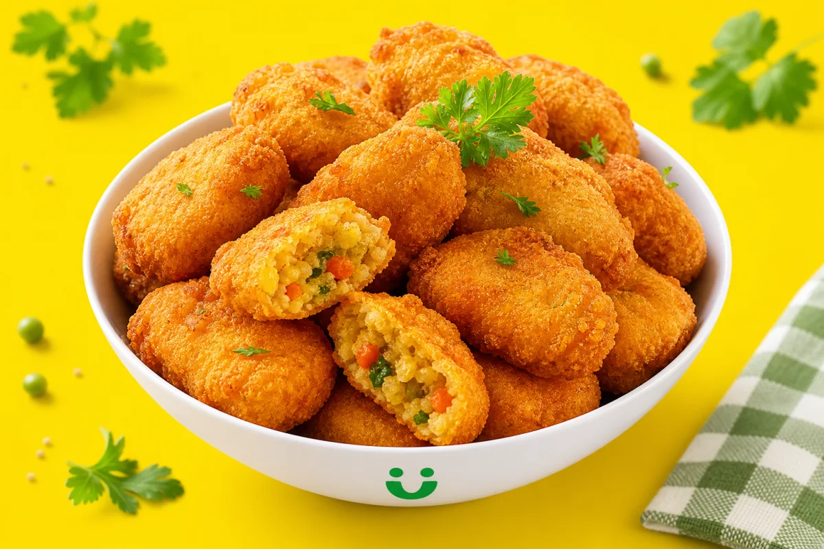 A bowl of golden crispy vegetable nuggets with millet filling