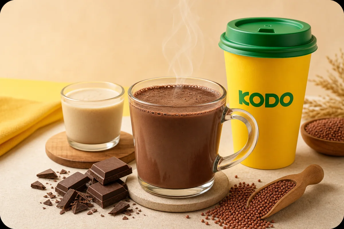 Steaming ragi hot chocolate and millet malt with a branded Kodo cup