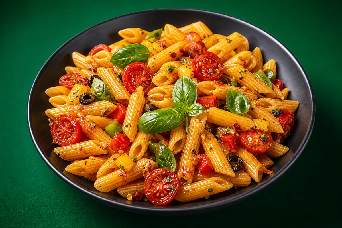Penne millet pasta with roasted tomatoes, basil and vegetables