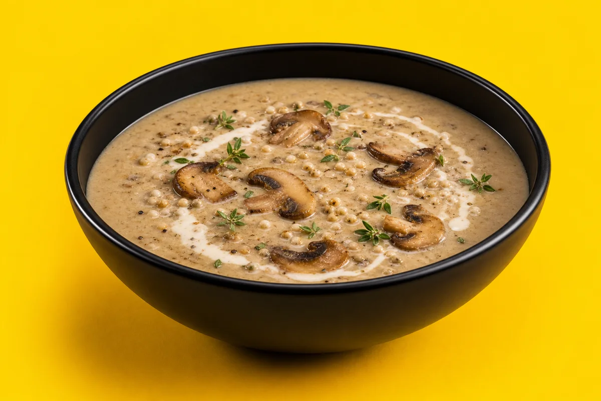 Creamy pearl millet mushroom soup with sautéed mushrooms and thyme