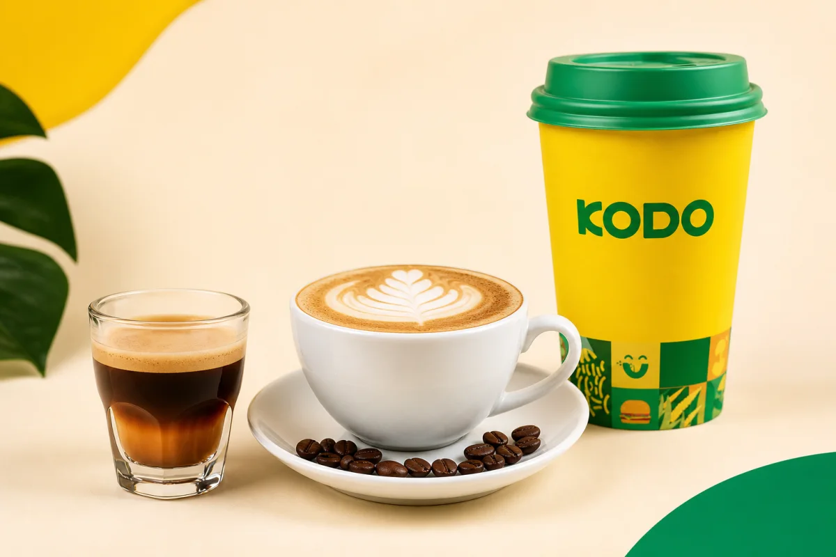 Espresso and cappuccino beside a branded yellow Kodo coffee cup