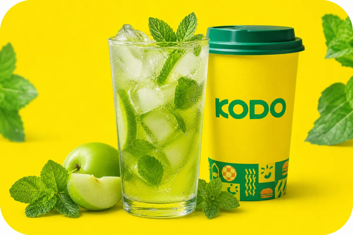 Iced green apple mint mocktail beside a branded Kodo cup
