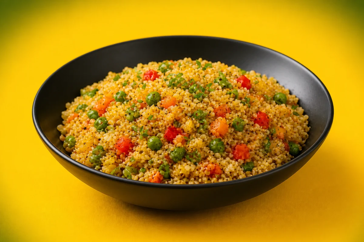 Colorful millet vegetable fried rice in a matte black bowl