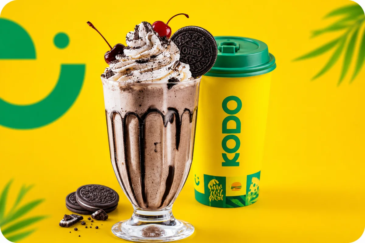 Chocolate Oreo Smileo milkshake beside a branded Kodo cup
