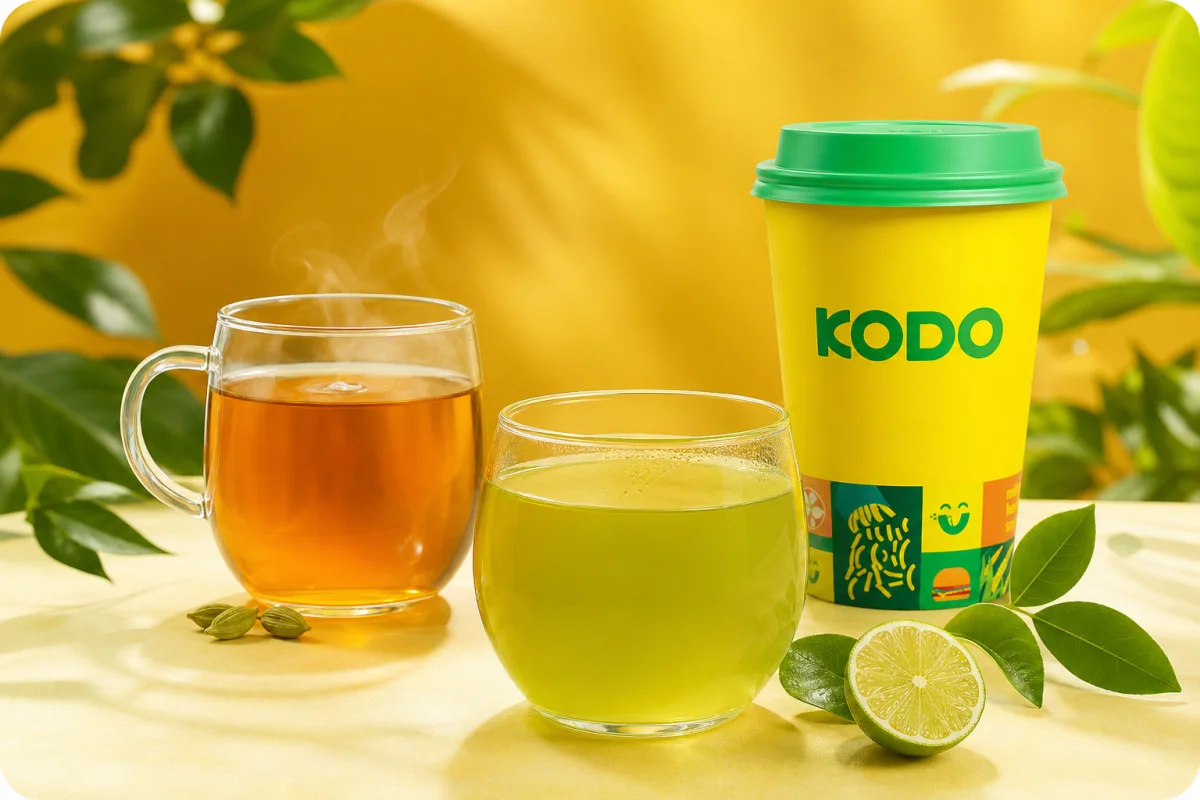 Cardamom tea and fresh lime green tea with a branded Kodo cup